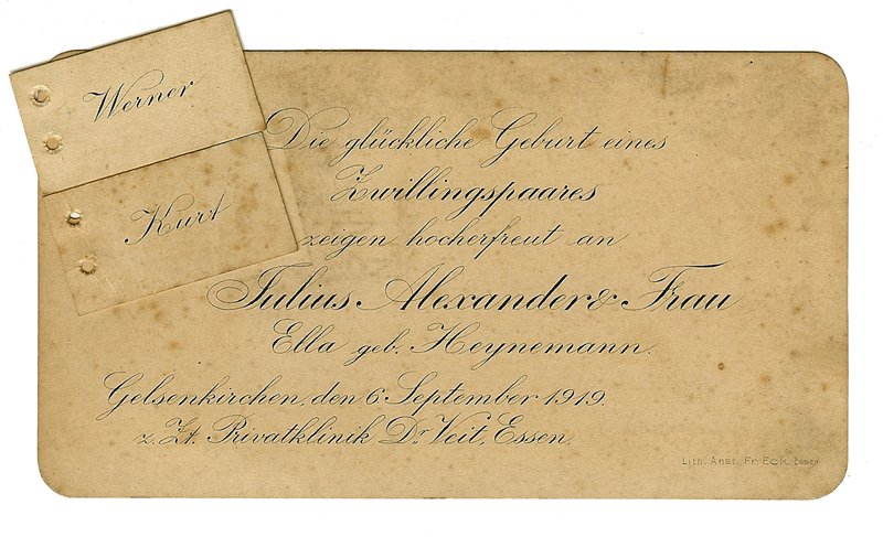 Birth announcement card of the twins Kurt and Werner