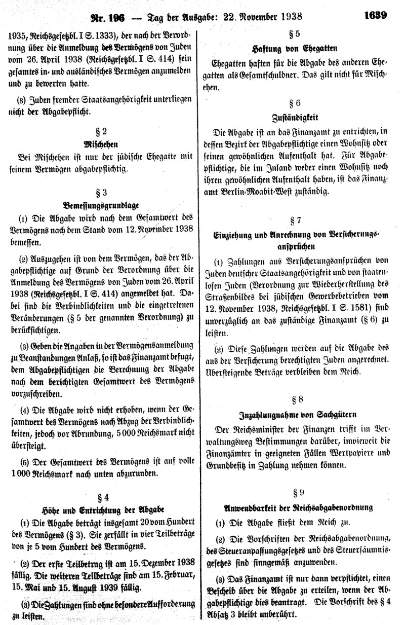 Durchführungsverordnung über die Sühneleistung der Juden 