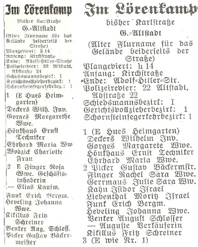 Eintrge im Adressbuch Gelsenkirchen, links 1934, rechts 1939