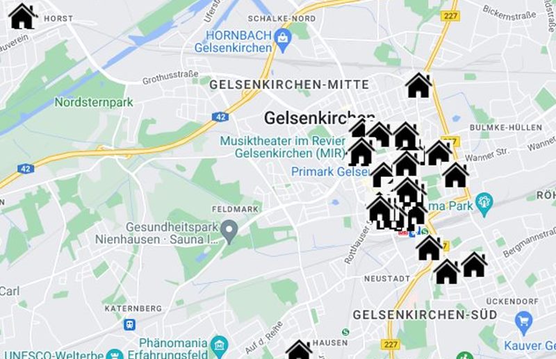 Stadtplan Ghettohuser in Gelsenkirchen 1942