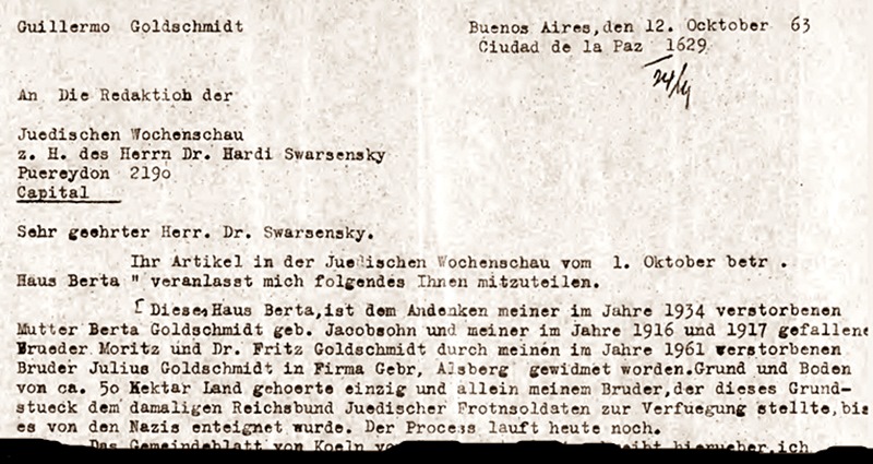 Auszug aus einem Brief von Guillermo Goldschmidt an die Jüdische Wochenschau, 1963