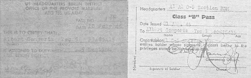 Identification and passes to travel in all sectors of Berlin.  Issued in English, French, Russian and German.