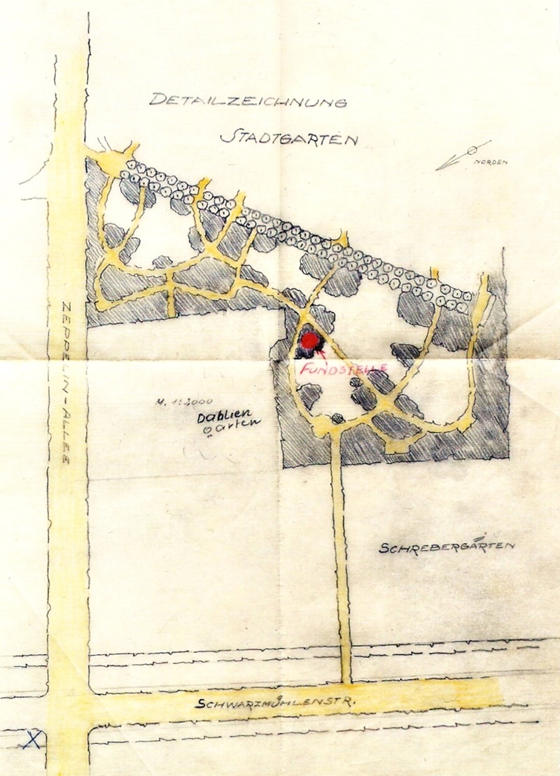 Tatortskizze zu dem Morden an Zwangsarbeitern in der Endphase des zweiten Weltkriegs im Stadtgarten Gelsenkirchen