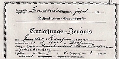 Abb. 3: Entlassungszeugnis 1937 der Israelitischen Schule Josefstrasse fr Gnther Kaufmann. Zum Vergrern anklicken.