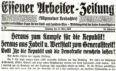 Schlagzeile der Essener-Arbeiter-Zeitung vom 13. März 1920: 
