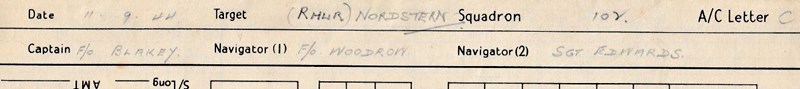 Eintrag in David Woodrows Logbuch, Ziel der Bomberbesatzung am 11.9.44 (Ruhr) Nordstern.