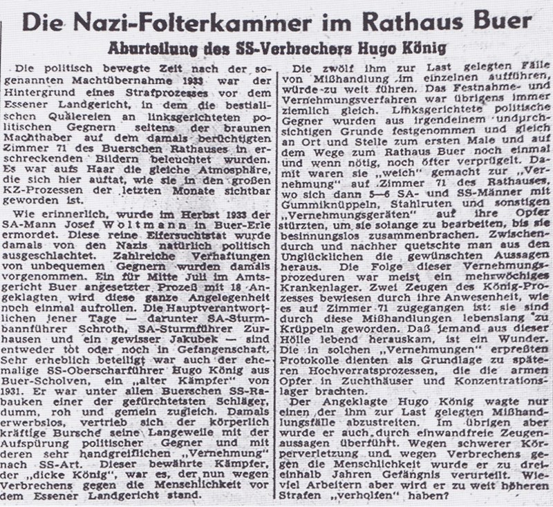 Zeitungsartikel aus der Westfälischen Rundschau v. 14.7.1947: Die Nazi-Folterkammer im Rathaus Buer - Aburteilung des SS-Verbrechers Hugo König