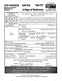 Gedenkblatt in Yad Vashem für Martha Alsberg