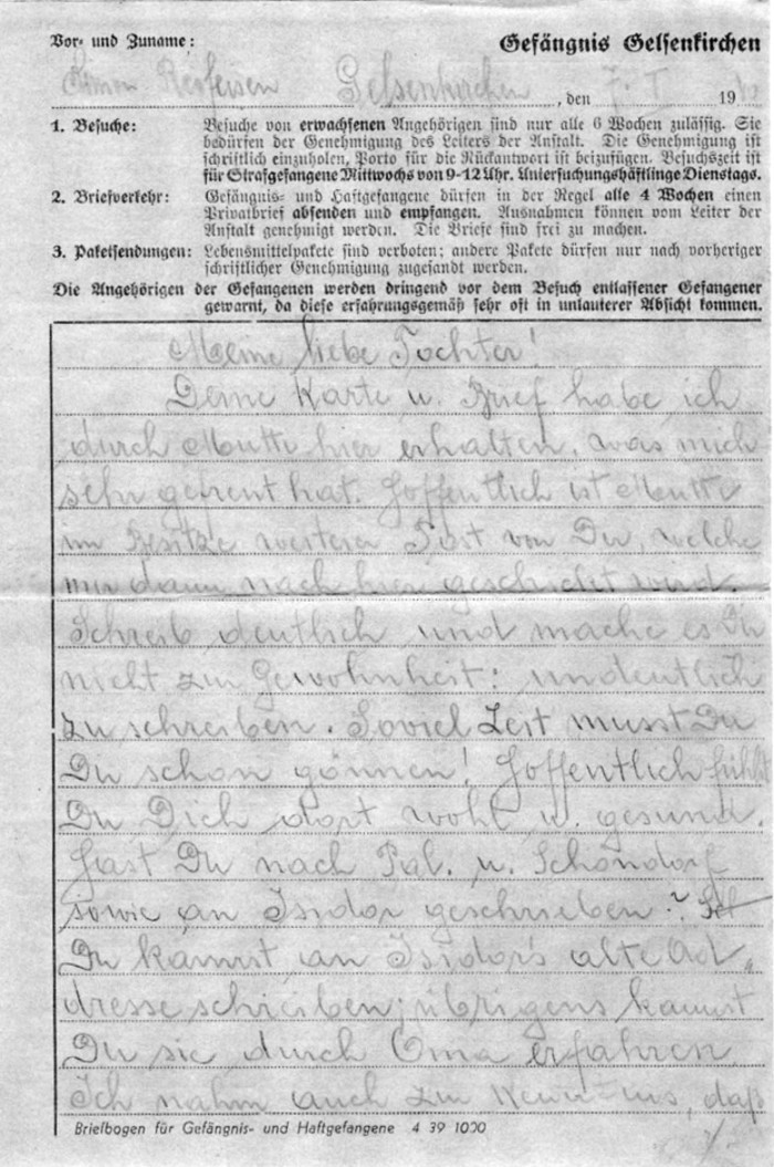 Brief von Simon Reifeisen aus dem Gefängnis Gelsenkirchen