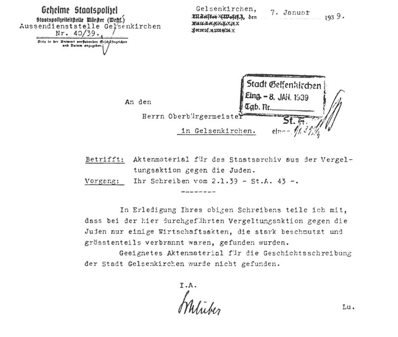 Brief der Gestapo an den Gelsenkirchner Oberbürgermeister. Betrifft: Aktenmaterial für das Stadtarchiv aus der Vergeltungsaktion gegen die Juden