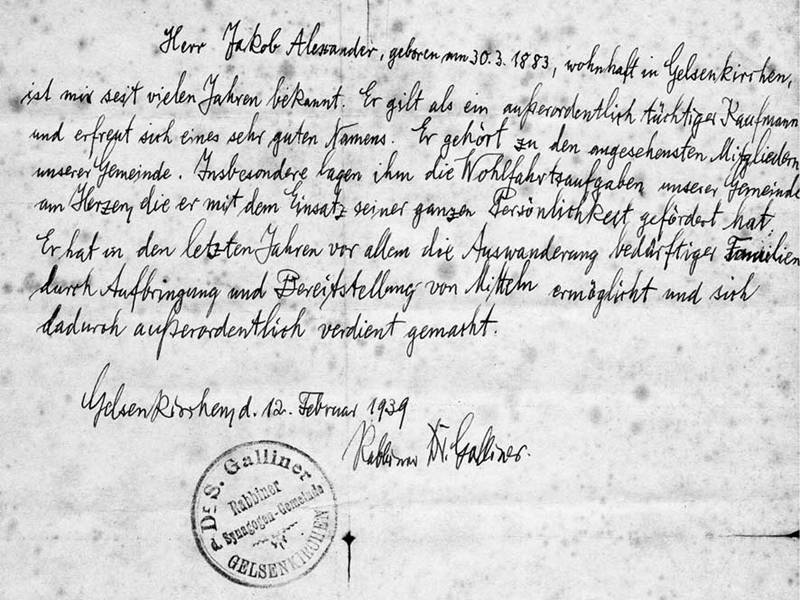 Letter of reference for Jakob Alexander from Rabbi Dr. Siegfried Galliner Germany, Gelsenkirchen, February 1939