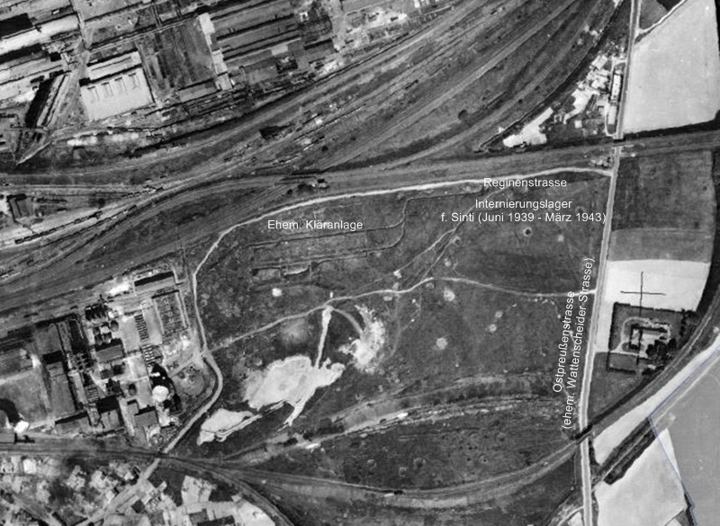 Luftbild v. 1952, Standort des ehemaligen kommunalen Zwangslagers an der Reginenstraße, Gelsenkirchen