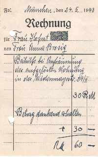 Zum vergrößern hier klicken Rechnung für Mithilfe bei Räumung der Wohnung, 24.5.1943