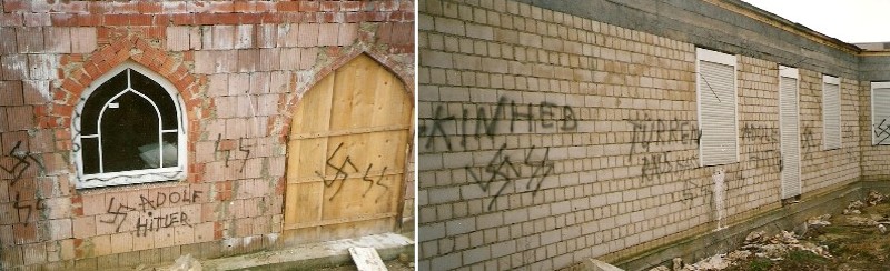 Der Rohbau der Moschee am Freistuhl wurde mit Naziparolen beschmiert