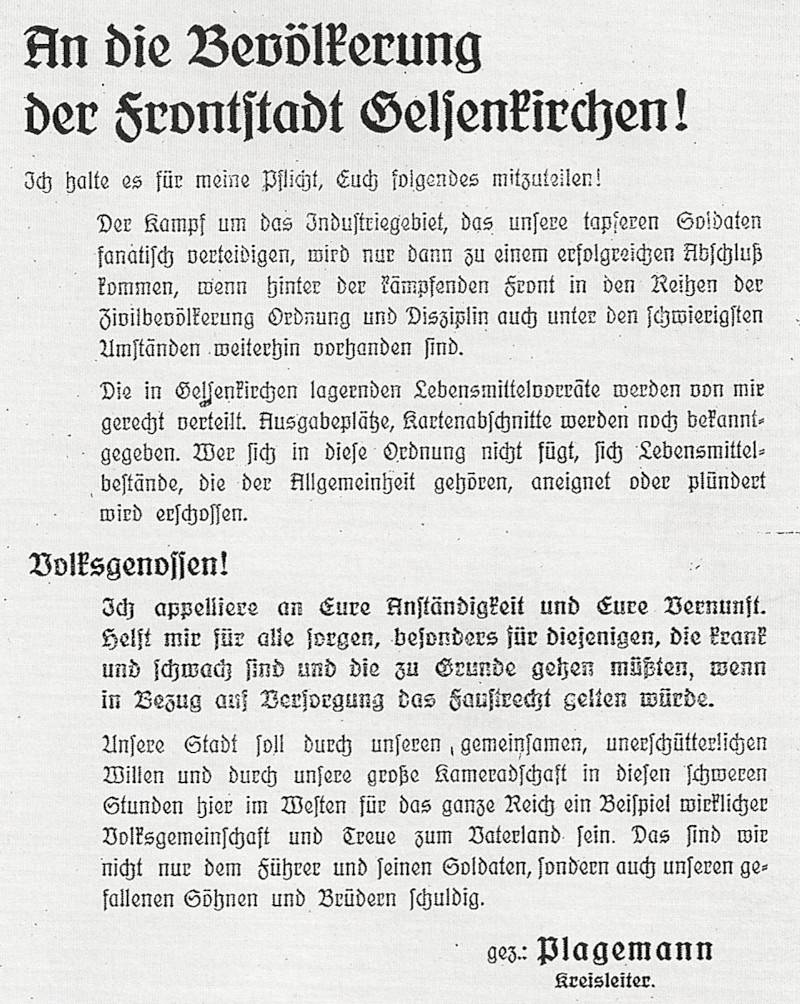NSDAP-Kreisleiter Otto Plagemann - Durchhalteappell an die Gelsenkirchener Bevlkerung Aufruf vom 7. April 1945