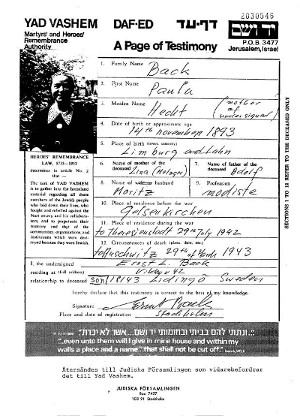 Bild: Gedenkblatt fr Paula Back in Yad Vashem. Sie wurde am 29. Mrz 1943 im Vernichtungslager Ausschwitz ermordet
