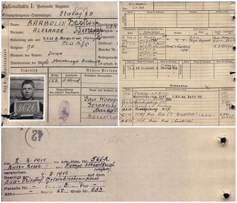 Peronalkarte Alexandr Barbolin, Zwangsarbeitender Russe, zuletzt im Arbeitskommando 561R, Buer-Resse,Ewald 3/4, gestorben am 2. August 1944, Kompl. Schädelbruch (Unfall) 