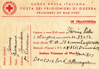 Kriegsgefangenenpost, Pietro Farina teilt seinen Eltern die Postanschrift des Lagers mit 