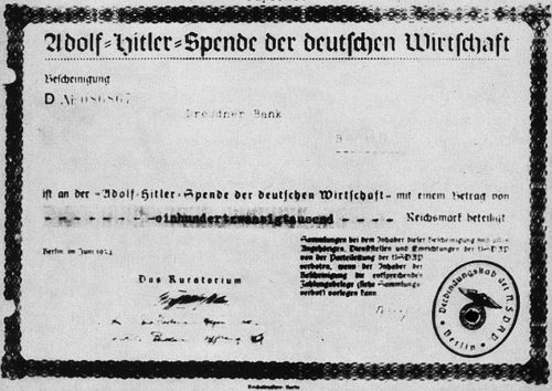 Adolf-Hitler-Spende der Deutschen Wirtschaft, Quittung Dresdner Bank über 120.000 RM