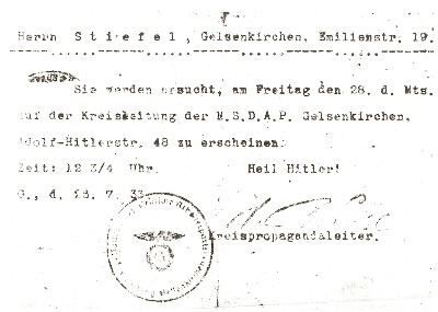 Bild: Vorladung Erich Stiefels zur Kreisleitung der NSDAP