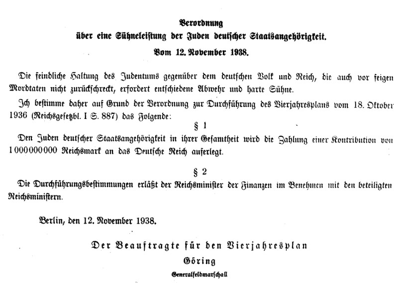 Verordnung über eine Sühneleistung der Juden Deutscher Staatsangehörigkeit 