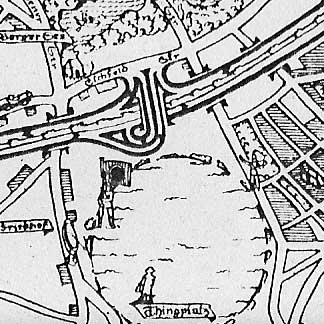  Bild: Das geplante Thingtheater schaffte es bereits in die Stadtkarten, hier ein in den 30er Jahren gezeichneten Karte (Ausschnitt) von Andreas Wilhelm Ballin.