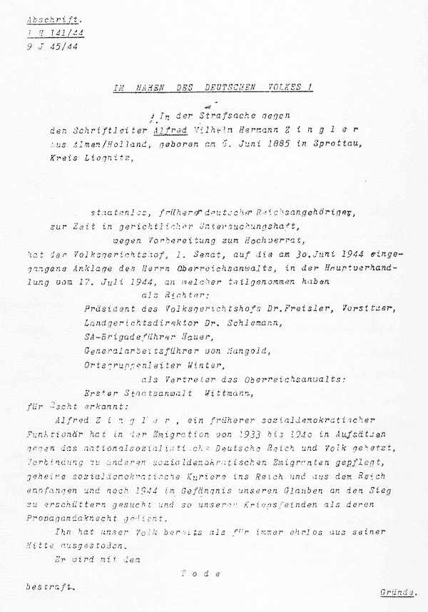 Todesurteil Alfred Zingler