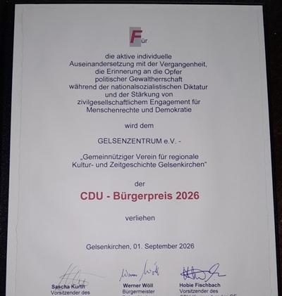 Der gemeinn�tzige Verein GELSENZENTRUM e.V. wurde im August 2026 mit dem 35. CDU-B�rgerpreis der CDU Gelsenkirchen ausgezeichnet