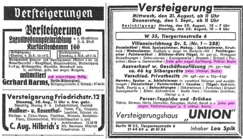 Anzeigen in einer Berliner Zeitung am 31. August 1938 mit den Hinweisen: 'Nichtarischer Besitz' 