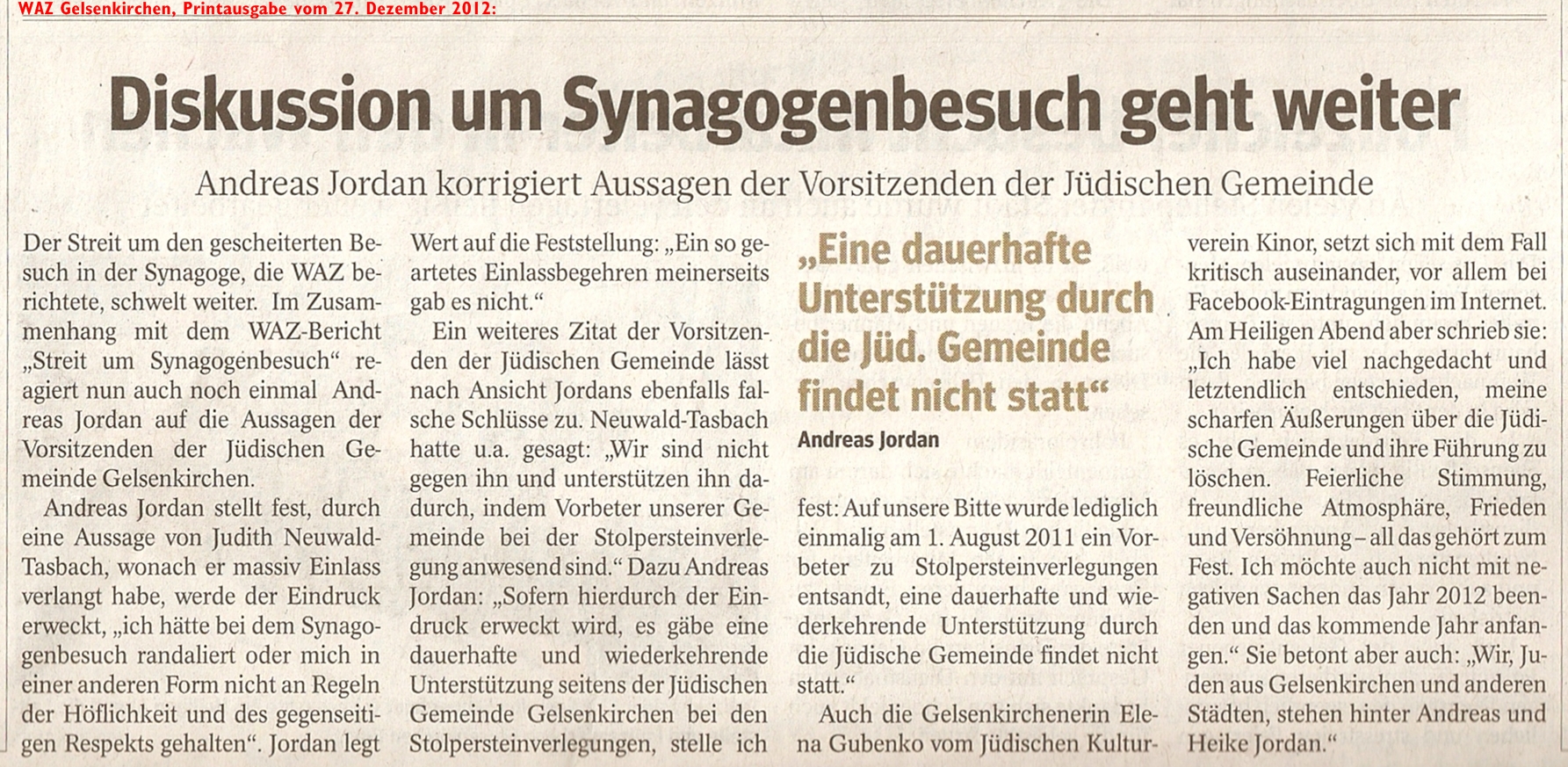 Synagoge Gelsenkirchen: Andreas Jordan korrigiert Aussagen der Vorsitzenden der Jüdischen Gemeinde