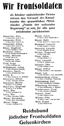 Reprint from the Gelsenkirchener Zeitung of May 5, 1933. Translation of above: We Frontsoldiers, as owners of the following listed businesses, must strongly object to the accusation by the Combat Group of the Professional Middle Class, that we are 