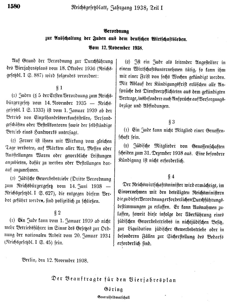 Verordnung zur Ausschaltung der Juden aus dem deutschen Wirtschaftsleben